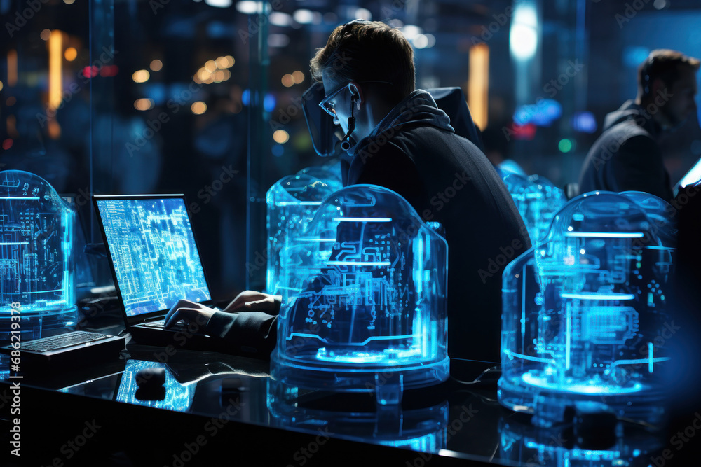 Poster engineers huddled around computer terminals, fine-tuning the parameters of automated systems to ensu