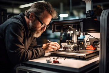 Fototapeta na wymiar A factory worker operating a state-of-the-art 3D printer, layer by layer creating intricate prototypes and components. Concept of advanced additive manufacturing. Generative Ai.