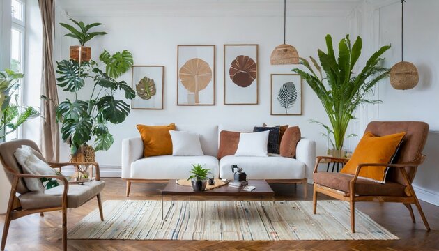 design sofa tropical plant pillows blanket gramophone and mock up picture frames are all featured in this stylish scandinavian white room modern living area with white walls and brown oak parque