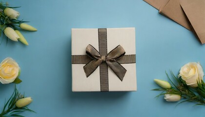 top view flat lay of paper gift box on blue background