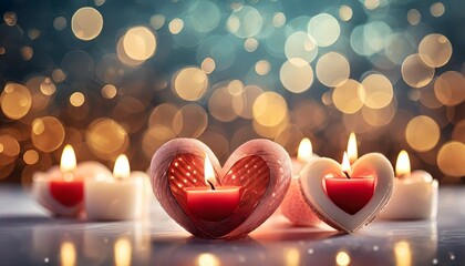 heart shaped candles on a blurred background with bokeh lights valentine or love concept background wallpaper - obrazy, fototapety, plakaty