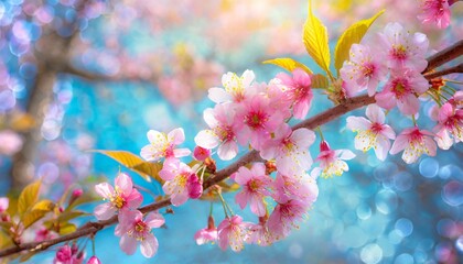 pink cherry tree blossom flowers blooming in spring easter time against a natural sunny blurred garden banner background of blue yellow and white bokeh