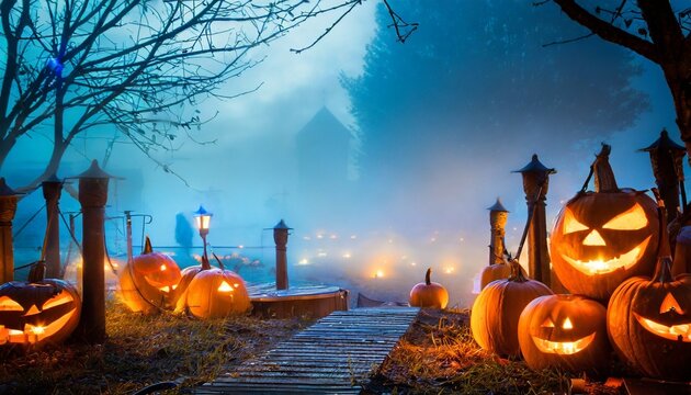 foggy night with launched pumpkins halloween background