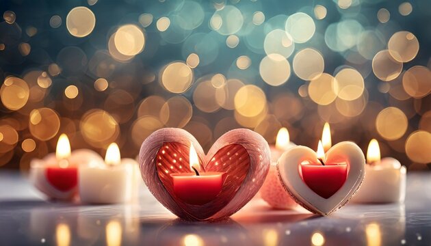 Fototapeta heart shaped candles on a blurred background with bokeh lights valentine or love concept background wallpaper