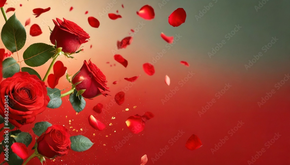 Wall mural flying petals and red roses on a red background with copy space creative floral levitation in the ai