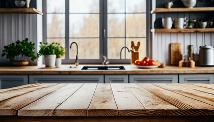 empty wooden tabletop with blurred kitchen background with windows