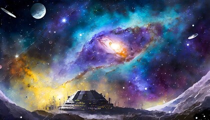 a digital painting of a galaxy with stars and galaxy in the background colonizing the cosmos futuristic space colony design on a distant world generative ai - obrazy, fototapety, plakaty