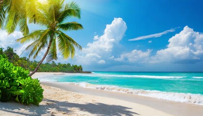 sunny tropical beach with palm trees and turquoise water caribbean island vacation hot summer day