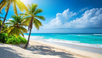 Fototapeta na wymiar sunny tropical beach with palm trees and turquoise water caribbean island vacation hot summer day