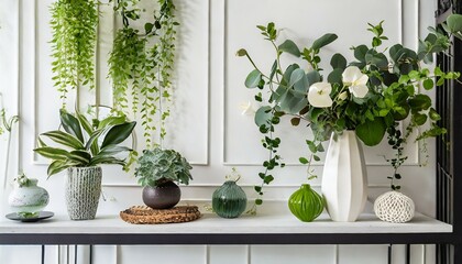 green interior decoration on a shelf plants in vases against a white bathroom wall wallpaper in a contemporary vacation style for the summer fashionable lifestyle scene mantel light design with flo - obrazy, fototapety, plakaty