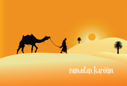 A man leads a camel through the desert, the sun setting behind a palm tree.