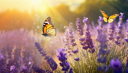 Foto auf Acrylglas a sunny summer nature background sets the stage for a breathtaking display of beauty graceful butterflies flutter amidst a mesmerizing sea of lavender flowers bathed in the golden hues of sunlight © Mary