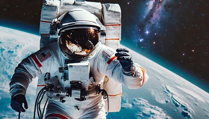 astronaut spaceman do spacewalk while working for space station in outer space ai