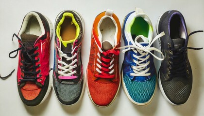 various multi colored pairs of men s sneakers on white background top view sports shoes for men or...