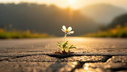 a small flower growing on a cracked asphalt road glistens in the light of the setting sun success concept suitable for life and hard work - obrazy, fototapety, plakaty