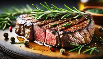 Foto op Canvas grilled medium rib eye steak with rosemary and pepper macro ai generative © Mary