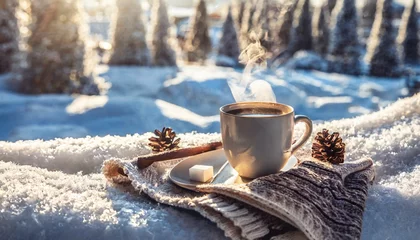 Deurstickers cozy warm winter composition with cup of hot coffee or chocolate cozy blanket and snowy landscape on sunny winter day winter home decor christmas new years eve © Mary