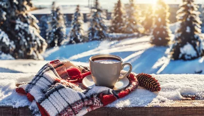 Zelfklevend Fotobehang cozy warm winter composition with cup of hot coffee or chocolate cozy blanket and snowy landscape on sunny winter day winter home decor christmas new years eve © Mary