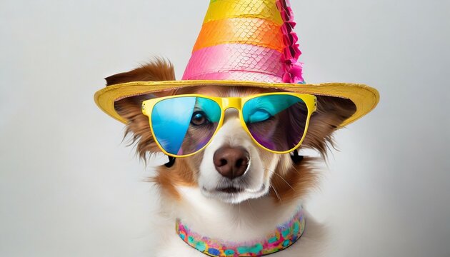 Funny Party Dog Wearing Colorful Summer Hat And Stylish Sunglasses White Background Ai Generated