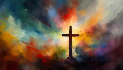 Foto op Plexiglas colorful painting art of an abstract dark background with cross christian illustration © Mary