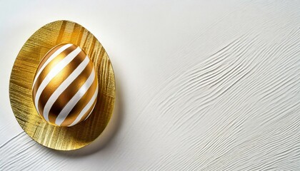 easter golden with striped patternd egg on white background minimal easter concept happy easter card with copy space for text top view flatlay concept for banner flyer invitation - Powered by Adobe