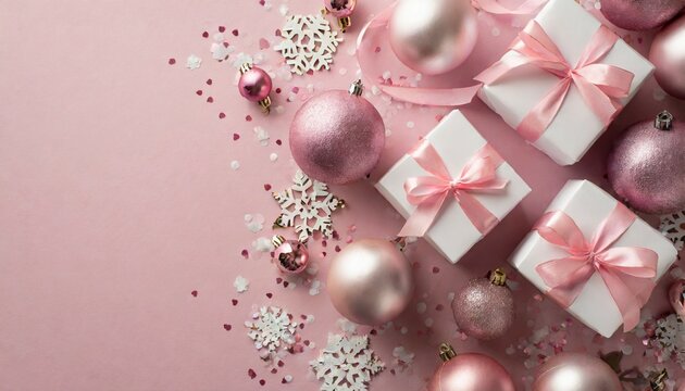 top view photo of pink christmas decorations balls snowflakes confetti and white gift boxes with pink ribbon bows on pastel pink background with copyspace