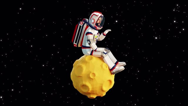 Lonely astronaut in spacesuit on a rotating Moon waves his hand. Spaceman in open space on planet with craters . 3d looped animation