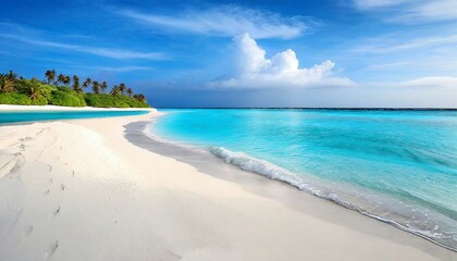 beautiful sandy beach with white sand and rolling calm wave of turquoise ocean on sunny day on background white clouds in blue sky island in maldives colorful perfect panoramic natural landscape - Powered by Adobe