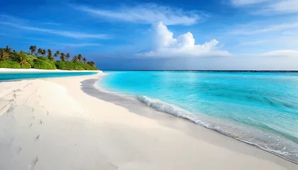 Keuken spatwand met foto beautiful sandy beach with white sand and rolling calm wave of turquoise ocean on sunny day on background white clouds in blue sky island in maldives colorful perfect panoramic natural landscape © Mary