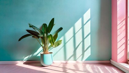 simple interior front view wall with sunlight shade from window green potted plant minimal cozy style pastel pink and mint blue colors generative ai photo imitation