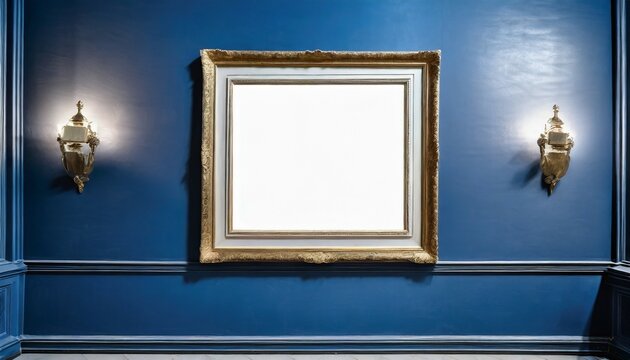 an antique art fair gallery frame on a royal blue wall at a museum or auction house a blank template with white copyspace for a prototype design generative ai