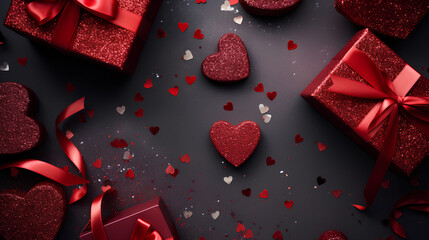 Red and gold gifts for valentine's day. Gifts for lovers. Background with decorative hearts.