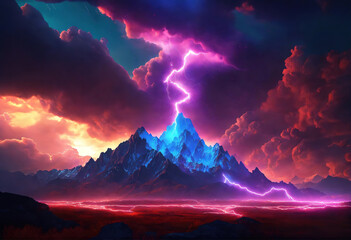 rocky mountains at night,Sunset at sea with splashing waves and purple sky. Generative Ai