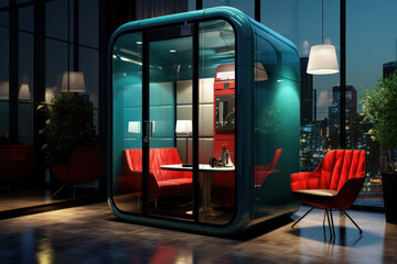 A soundproof phone booth for private conversations, ensuring confidentiality and quiet spaces in the bustling office environment. Concept of acoustic privacy. Generative Ai.