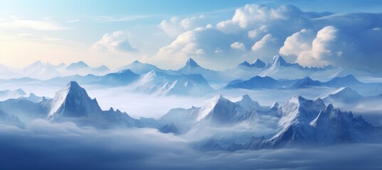 the clouds are shining over the mountains and snow covered hills