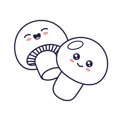 Cute Kawaii Mushrooms cartoon kids illustration. Food vegetable outline line art illustration. Mushrooms characters, mascot in Doodle style. Kids Coloring book.