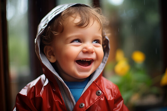 Gleeful Toddler Enjoying Rainy Day in Red Raincoat