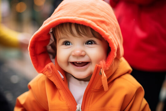 Autumn Splendor: Beaming Baby in Hooded Orange Jacket