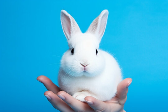 Gentle Embrace: Pristine White Bunny on Human Hands