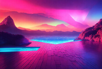 3d render, abstract neon background with glowing geometric shapes and seascape. Generative Ai