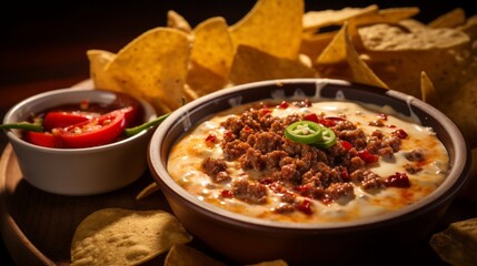 A close-up of a loaded queso and chorizo dip with tortilla chips.