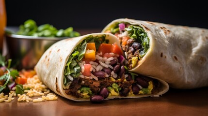 A close-up of a loaded veggie and black bean burrito with salsa.