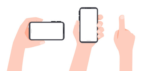 Set The hand is holding a smartphone and the hand is pointing at the screen on isolated white background. Vector illustration cute cartoon flat design.