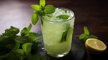 A close-up of a refreshing cucumber mint lemonade with ice.