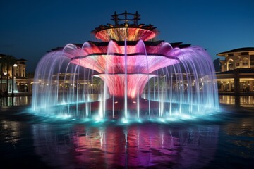 Colourful Fountain Illuminated at Night. A colourful fountain is lit up at night