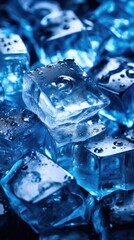 Close up Ice cubes with water drops on dark blue background.