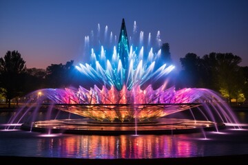 Colourful Fountain Illuminated at Night. A colourful fountain is lit up at night