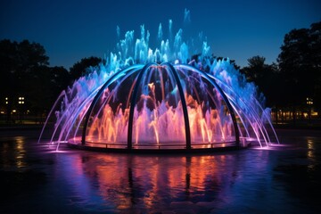 Colourful Fountain Illuminated at Night. A colourful fountain is lit up at night