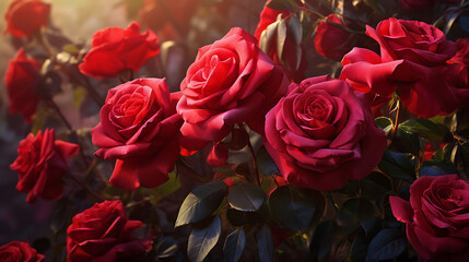 The romance of red roses in a lush garden setting, bathed in the soft glow of the evening sun. Generative Ai