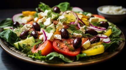 A colorful and fresh Mediterranean salad with olives, feta cheese, and Greek dressing.